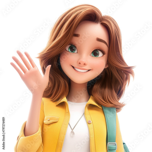 A charming stylized cartoon girl depicting a twelve year old teenager beams with a bright smile as she waves her hand in a friendly greeting gesture inviting you to say hi or hello This ador photo