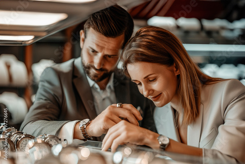 Luxury shopping: affluent couple admiring upscale watches in exclusive jewelry boutique. photo