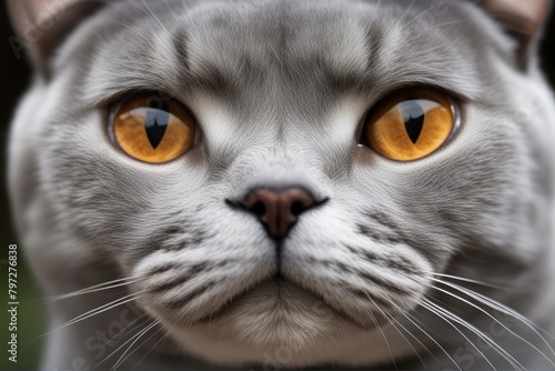 'cat breed scottish surprised fold portrait animal furry grey yellow orange eye big scared pet whisker paw well-groomed background white look large plan fauna face fear surprise' photo