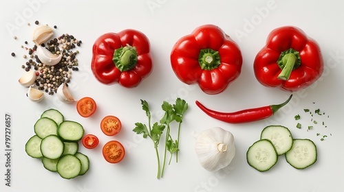 Fresh ingredients for gazpacho, including bell peppers and cucumbers, laid out on a seamless white surface, captured under soft studio lights, highlighting freshness