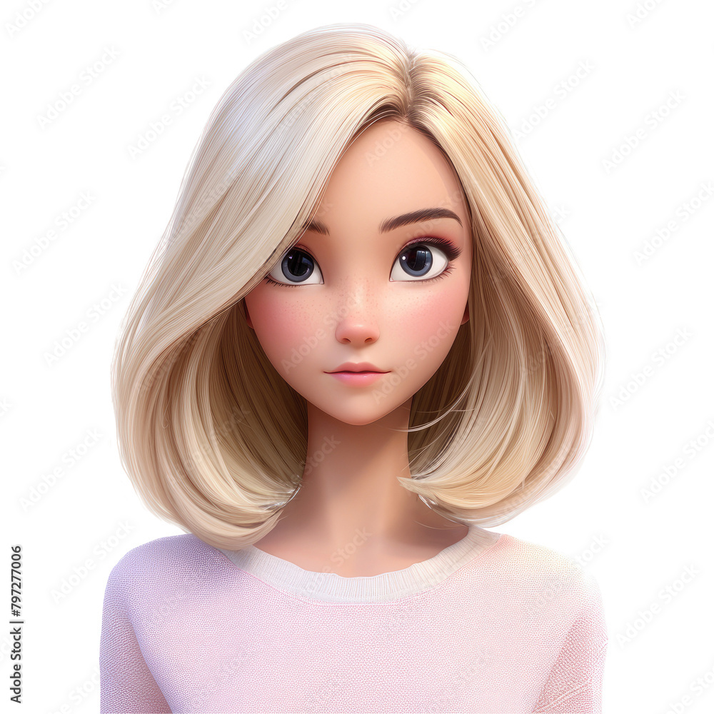 A stunning portrait of a charming stylized cartoon girl with beautiful blonde hair showcasing a flawless complexion set against a clean transparent background in a beauty inspired style A stunning portrait of a charming stylized cartoon girl with beautiful blonde hair showcasing a flawless complexion set against a clean transparent background in a beauty inspired style