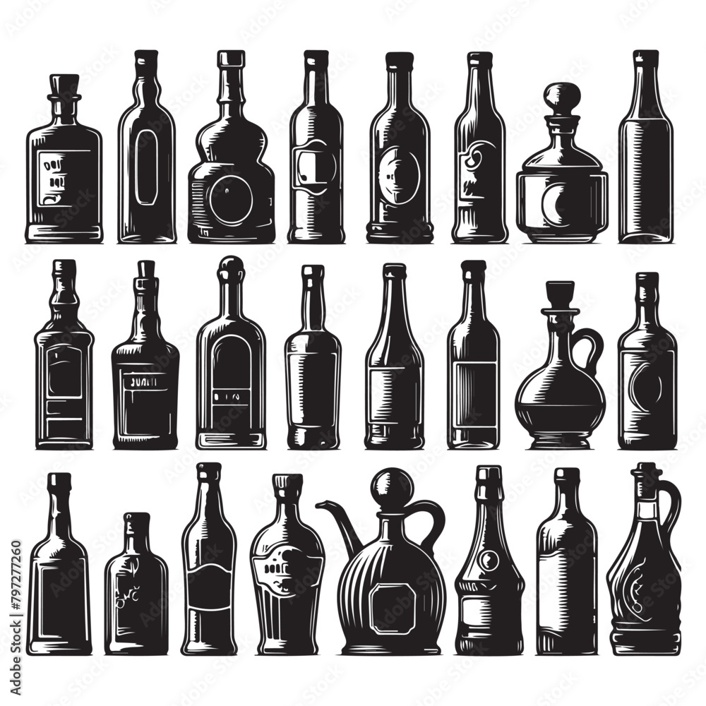 Black silhouette set of various bottles, vector illustration Black silhouette set of various bottles, vector illustration