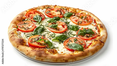 Fresh Caprese pizza with perfect cheese melt, tomato and basil, clean isolated background, high resolution