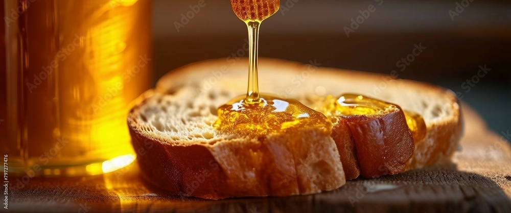 a close-up shot of the honey dripping onto the bread a close-up shot of the honey dripping onto the bread