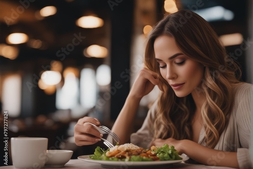  close woman restaurant eating closeup cafes eatery 1 alone morning breakfast indoor tasty food people table lunch male meal break lifestyle eat happy person sitting adult holding plate caucasian 