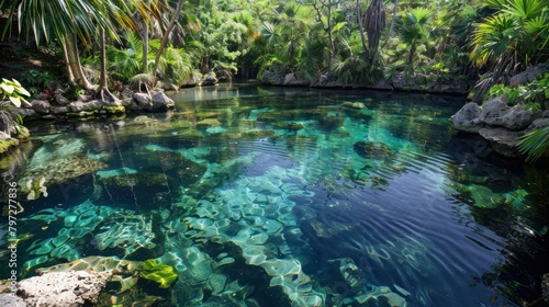 A crystal-clear cenote surrounded by lush tropical vegetation 