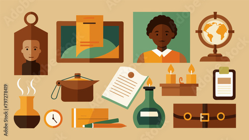 A station set up with artifacts documents and photographs from the time of slavery allowing workshop attendees to handle and examine them while. Vector illustration