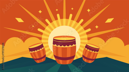As the sun sets the drumming intensifies symbolizing the power of light and unity to overcome darkness and division.. Vector illustration
