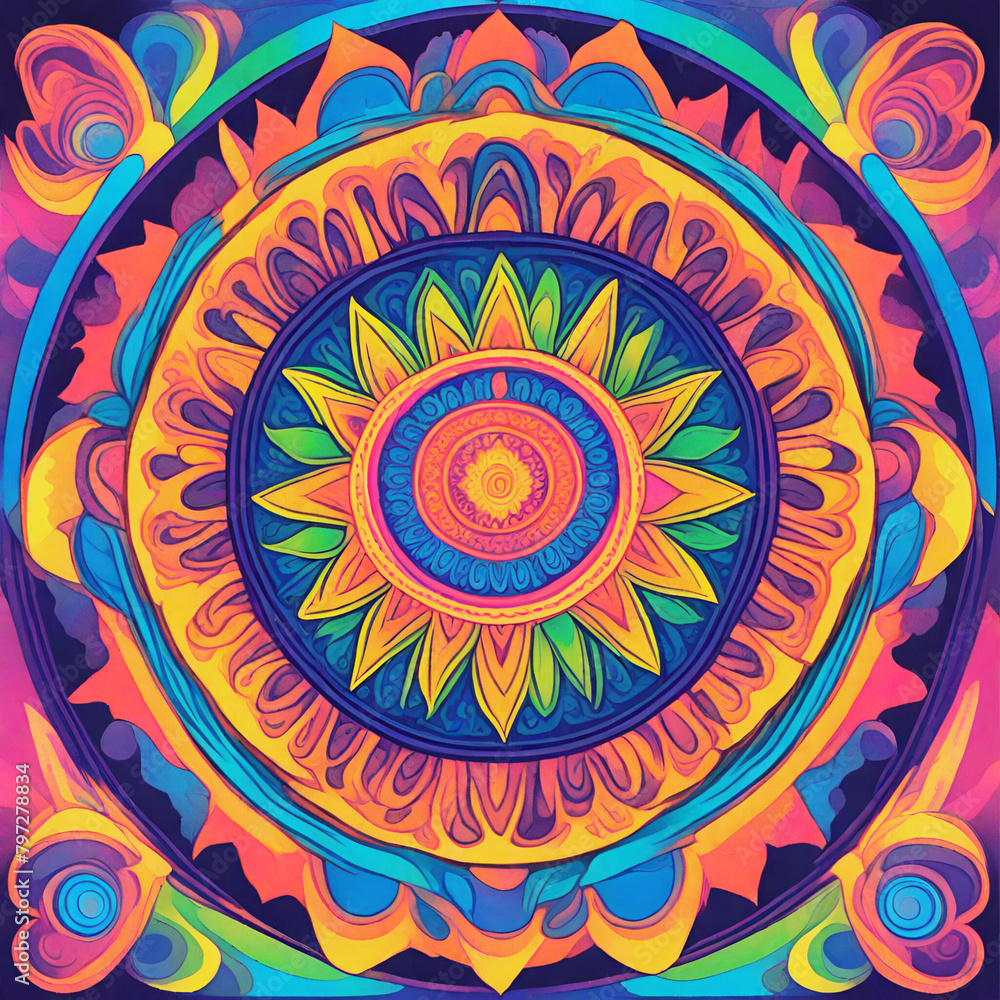 Psychedelic Rainbow Floral Flower Mandala Neon Illustration Drawing Yoga Meditation Boho Spiritual Symbol Wallpaper Background Download PDF 222 (4000 x 4000px)