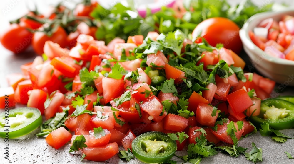 Freshly made Pico de Gallo displayed elegantly, showing off the vibrant colors of tomatoes, cilantro, and jalapenos, perfect for a healthy snack, studio lit, isolated background Freshly made Pico de Gallo displayed elegantly, showing off the vibrant colors of tomatoes, cilantro, and jalapenos, perfect for a healthy snack, studio lit, isolated background