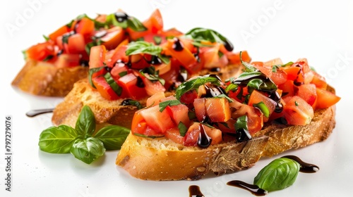 Freshly made bruschetta on crispy bread topped with tomatoes, basil, and a drizzle of olive oil and balsamic, shot on isolated background