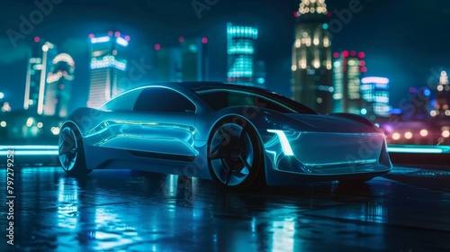 EV electric car system.futuristic car in night with morden light smart city.ai generated images hyper realistic  photo