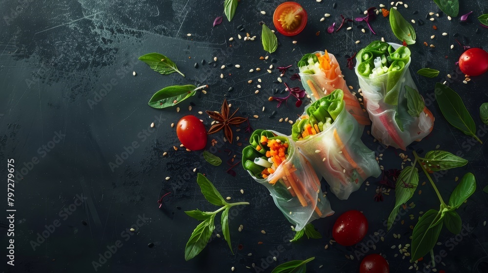 Freshly assembled spring rolls, emphasizing the natural colors of the vegetables, raw style studio photography