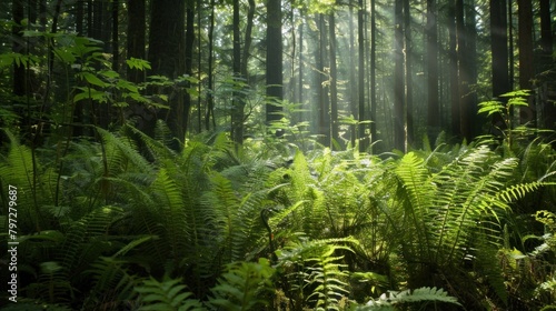 A dense fern undergrowth in an old-growth forest with light filtering through