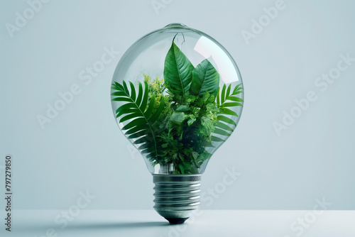Electric light bulb with imitation leaves and leaves inside, eco-art, on a white background