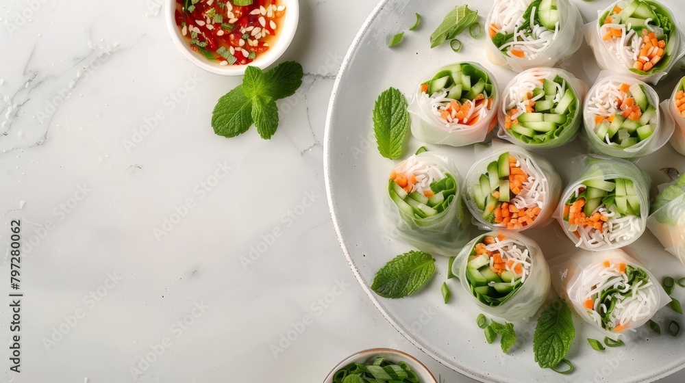 Elegant display of spring rolls, filled with fresh vegetables and herbs, top view on a sleek, isolated background, under soft studio lighting Elegant display of spring rolls, filled with fresh vegetables and herbs, top view on a sleek, isolated background, under soft studio lighting