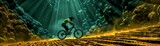 A mountain biker rides through a green cavern.
