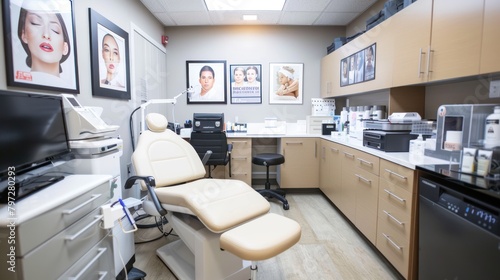 A dermatologist s office with skincare posters and a consultation desk
