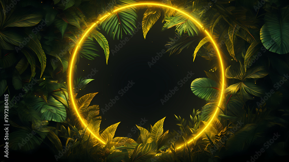 Yellow neon circle leaves background Yellow neon circle leaves background