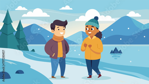 Two friends walking along a frozen river their rosy from the cold as they discuss their plans for the upcoming holiday season.. Vector illustration
