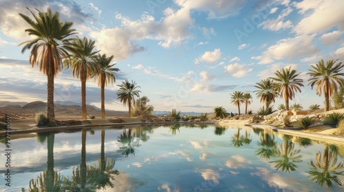 A desert oasis with palm trees and a pool of water reflecting the sky 