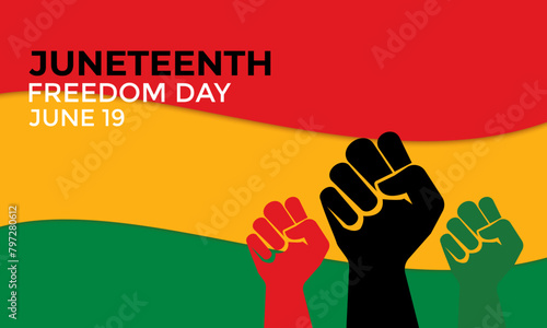 Juneteenth Freedom Day. African-American Independence Day, June 19. Banner poster, flyer and background design. Waving Pan-African Flag Vector illustration.