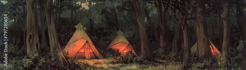 A painting of a Native American village in the forest at night.