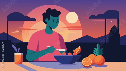 As the sun sets outside he prepares a light and refreshing fruit salad savoring the flavors and nutrients of each bite..