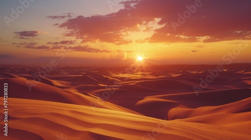 A desert scene at sunset  with long shadows and vibrant orange hues