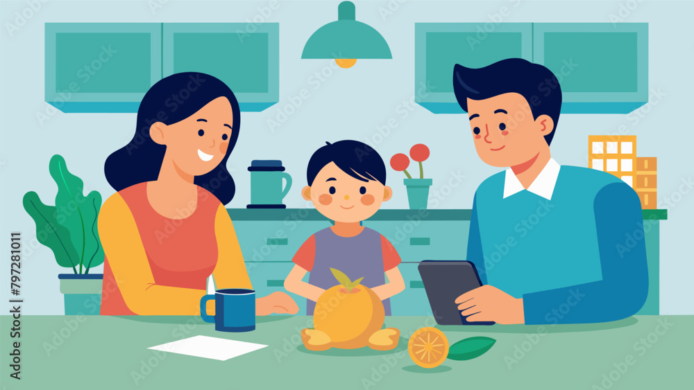 A family of three sitting around the kitchen table reviewing their options for opening a savings account for their childrens future. A family of three sitting around the kitchen table reviewing their options for opening a savings account for their childrens future.