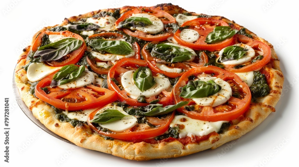 Detailed top view image of a Caprese pizza, showcasing its fresh ingredients and culinary beauty, perfect for advertising, isolated studio setting Detailed top view image of a Caprese pizza, showcasing its fresh ingredients and culinary beauty, perfect for advertising, isolated studio setting