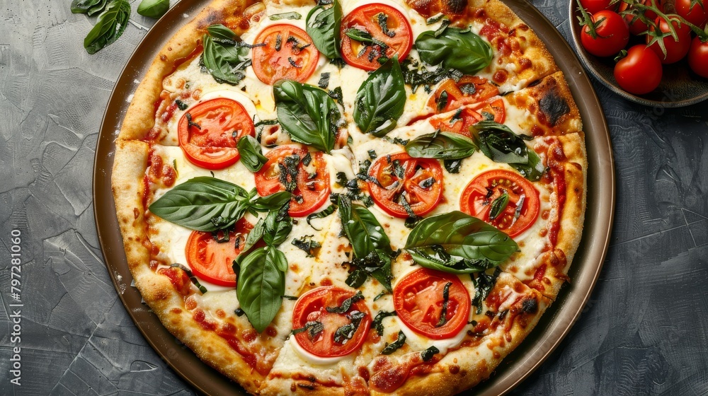 Detailed top view image of a Caprese pizza, showcasing its fresh ingredients and culinary beauty, perfect for advertising, isolated studio setting Detailed top view image of a Caprese pizza, showcasing its fresh ingredients and culinary beauty, perfect for advertising, isolated studio setting