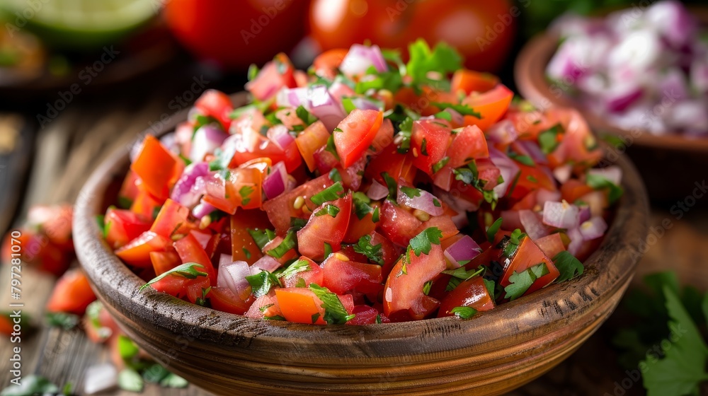 Detailed studio shot of fresh Pico de Gallo in a rustic bowl, emphasizing the fresh ingredients like ripe tomatoes and crisp onions, ideal as a taco topping, isolated background Detailed studio shot of fresh Pico de Gallo in a rustic bowl, emphasizing the fresh ingredients like ripe tomatoes and crisp onions, ideal as a taco topping, isolated background