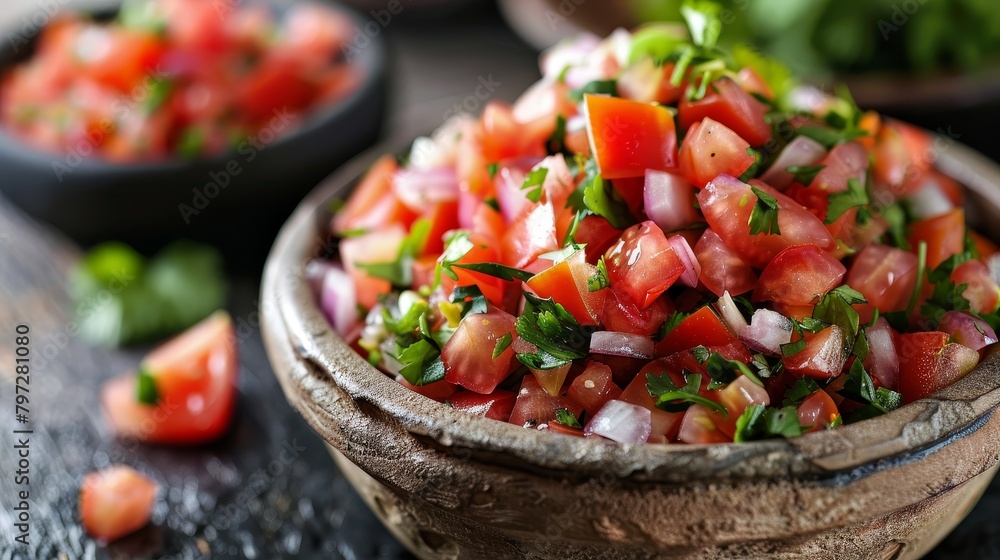 Detailed studio shot of fresh Pico de Gallo in a rustic bowl, emphasizing the fresh ingredients like ripe tomatoes and crisp onions, ideal as a taco topping, isolated background Detailed studio shot of fresh Pico de Gallo in a rustic bowl, emphasizing the fresh ingredients like ripe tomatoes and crisp onions, ideal as a taco topping, isolated background
