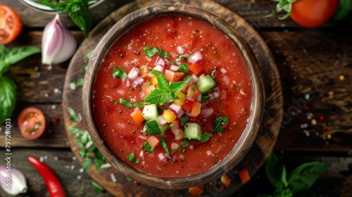 Dynamic top view of a gazpacho feast, showing all ingredients before blending, set on a rustic wooden table, emphasizing texture and color contrast