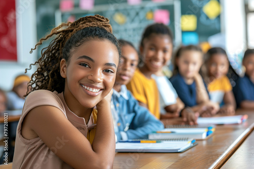 Education, scholarship and happy, proud children in middle school.