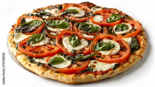 Detailed top view image of a Caprese pizza, showcasing its fresh ingredients and culinary beauty, perfect for advertising, isolated studio setting