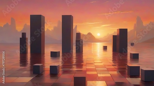 Silhouette Cubes building, serene sunset. photo