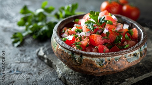 Detailed studio shot of fresh Pico de Gallo in a rustic bowl, emphasizing the fresh ingredients like ripe tomatoes and crisp onions, ideal as a taco topping, isolated background