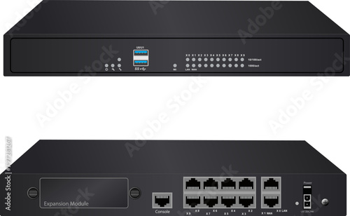 Firewall  hardware device in front and  back view illustration 