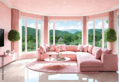 Pink-walled living room with a bright window creating a soothing atmosphere  Serene space with pink walls and a sunlit window in the living room.   Cozy living room with pink walls and natural light.
