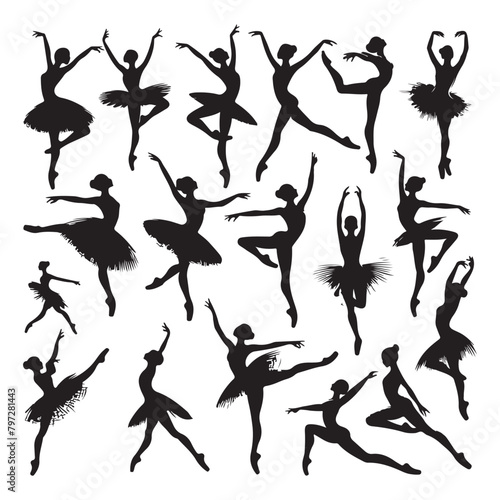 Black silhouette set of various ballet dances, vector illustration
