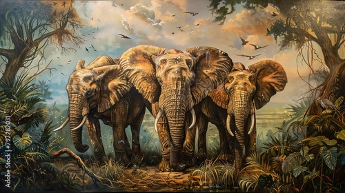 Capture the majestic essence of elephants in the wild through intricate oil painting technique  illustrating their family bond in lush savannah landscapes