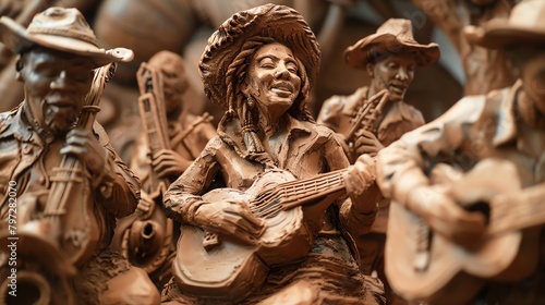 Celebrate music genres and styles through a unique, tilted angle view clay sculpture masterpiece Craft intricate details reflecting the authenticity of each genre, from smooth jazz to high-energy EDM photo