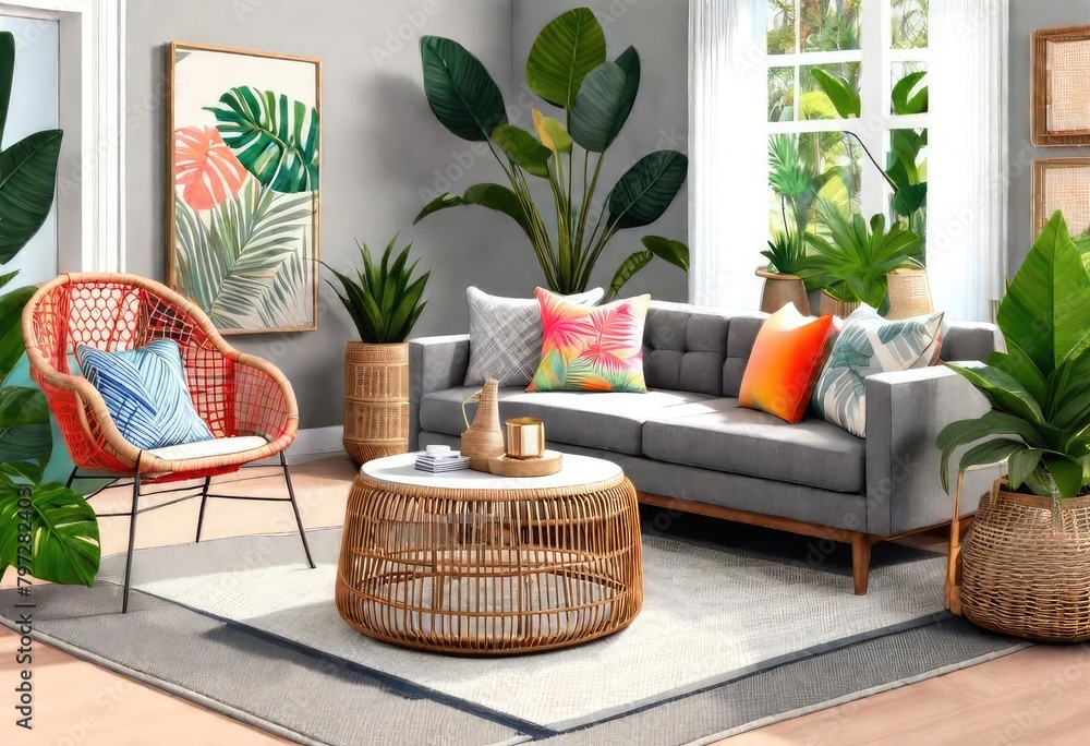 Abundant greenery enhances the relaxing ambiance of a modern living room, A botanical paradise within a stylish living space, Lush tropical oasis in a cozy living room setting.