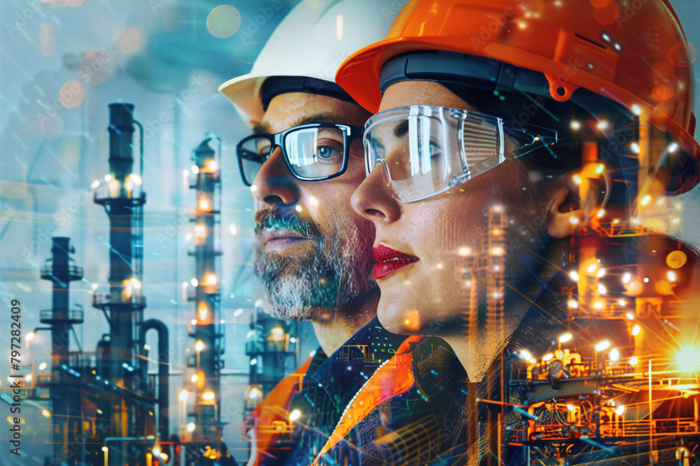 Multiple exposure shot of colleagues in a meeting superimposed over an industrial background. Multiple exposure shot of colleagues in a meeting superimposed over an industrial background.