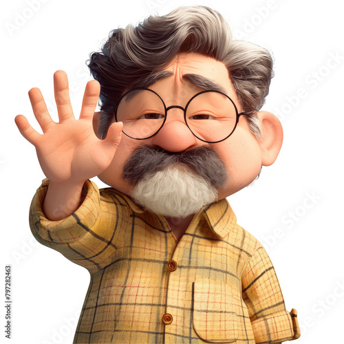 A serious flannel clad Asian adult cartoon character is seen gesturing with a stop hand sign photo