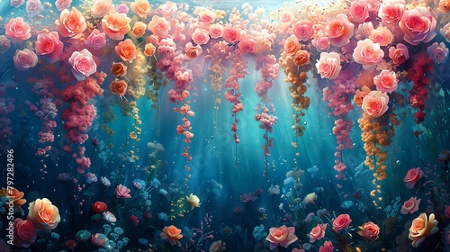 Illustrate an underwater floral scene as if flowers were submerged and swaying under water photo