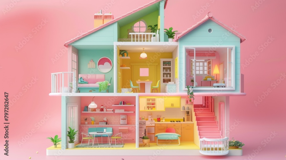 A cross-section of a colorful dollhouse painted in pastel colors with furniture and decorations.