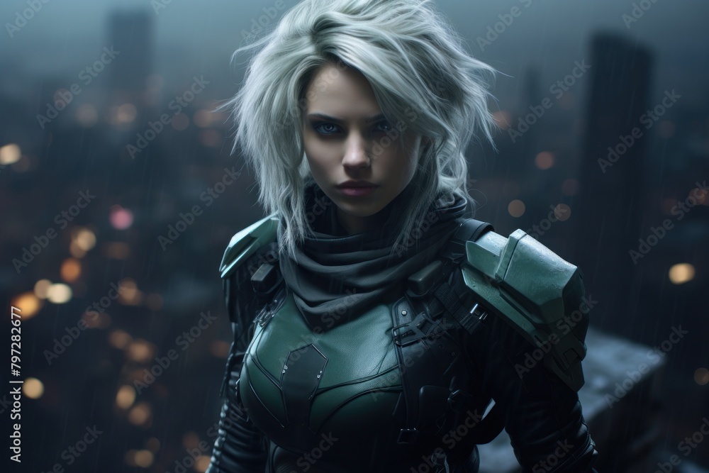 Futuristic Female Warrior in a Dystopian Cityscape